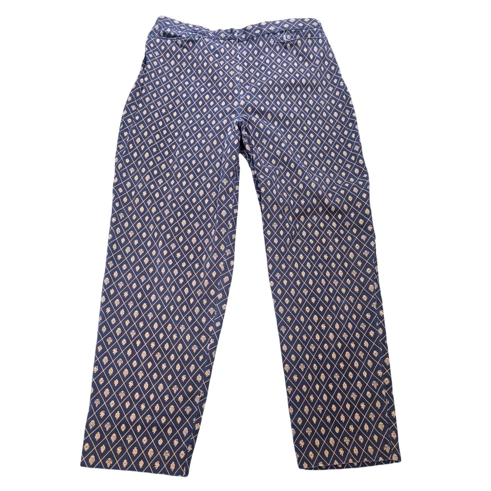 Vintage Talbots Stretch Pants Women's Size 18 Navy Blue Gold Crest Diamond Print